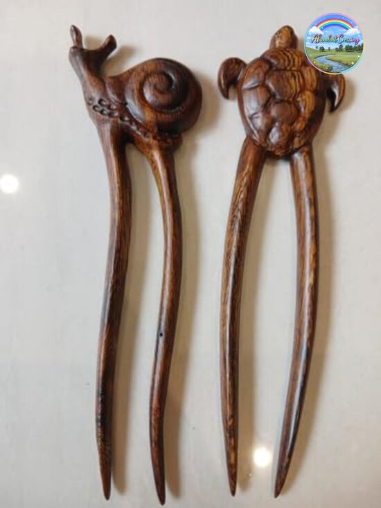 Hand Carved Wood Hair Forks Two Prong Hair Sticks for Long Hair